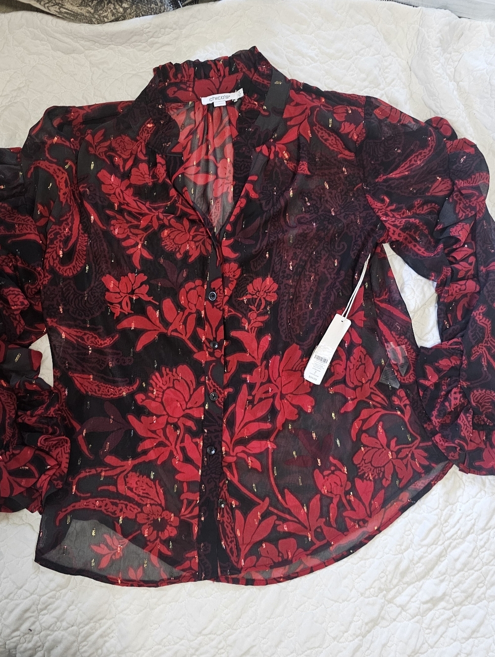 Chicos Sheer Red Black Floral Ruffled Blouse NWT 2 - Picture 3 of 16